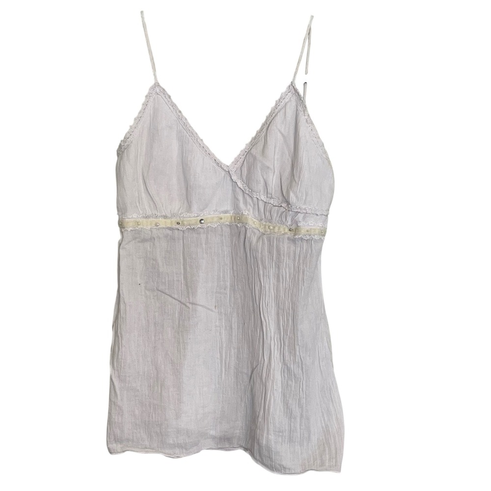 Y2K Anxiety‎ White Crinkle Gauze Lace Trim Babydoll Camisole Top Pearl Studded M